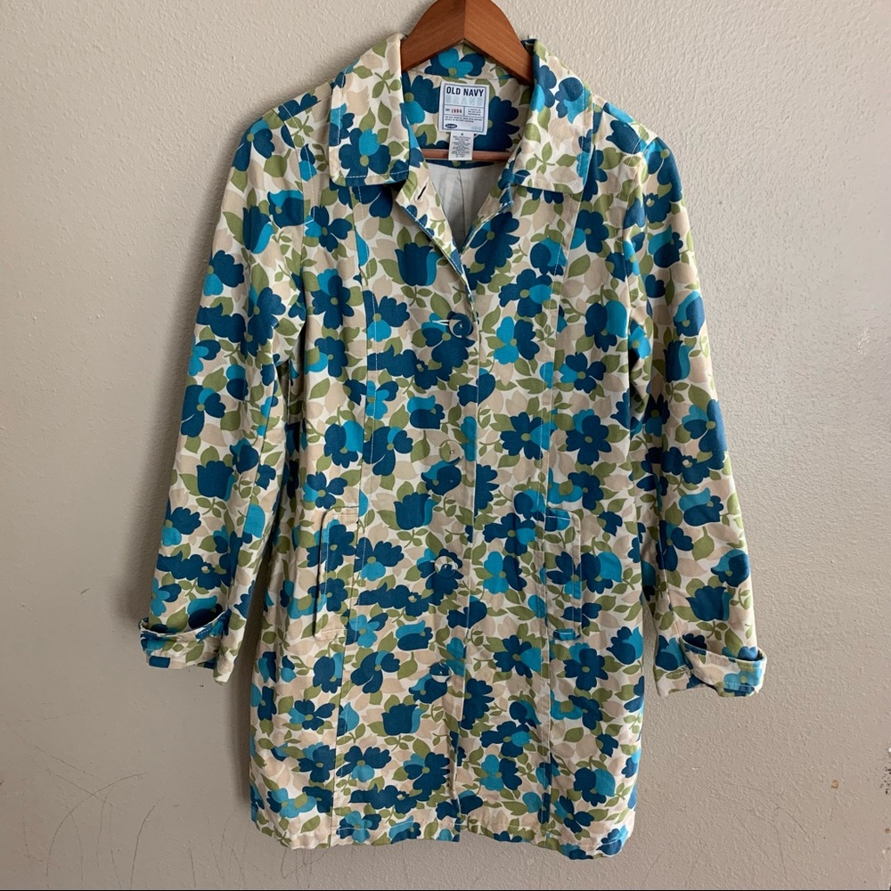Old Navy Blue and Green Floral Trench Coat